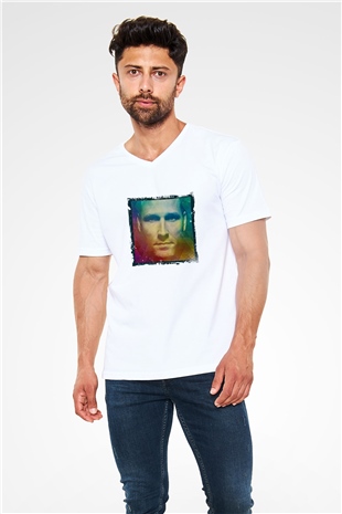 Kaskade Baskılı Beyaz V Yaka Unisex Tişört