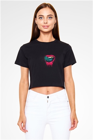 Kaskade Baskılı Crop Top Siyah Kadın Tişört