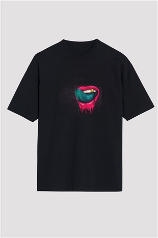 Kaskade Baskılı Unisex Oversize Siyah Tişört