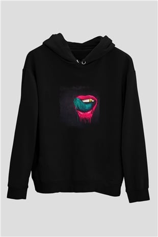 Kaskade Baskılı Unisex Siyah Hoodie