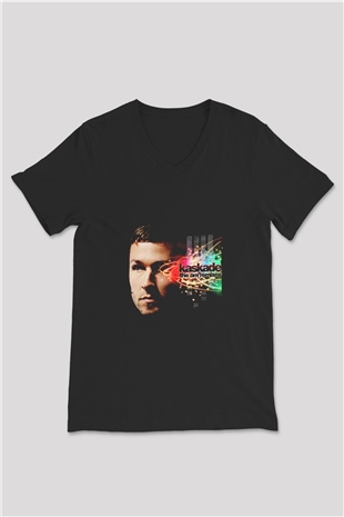 Kaskade Baskılı Unisex Siyah V Yaka Tişört