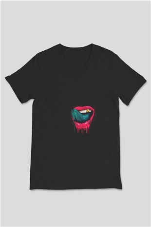Kaskade Baskılı Unisex Siyah V Yaka Tişört