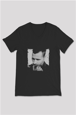 Kaskade Baskılı Unisex Siyah V Yaka Tişört