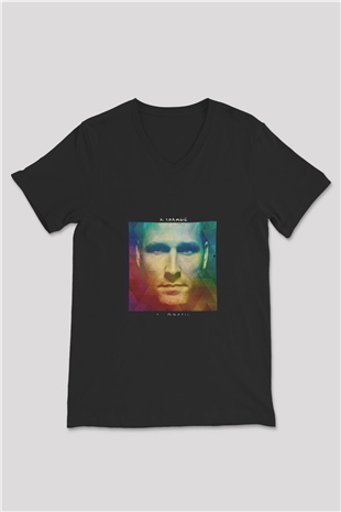 Kaskade Baskılı Unisex Siyah V Yaka Tişört