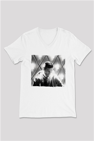 Kaskade Beyaz Unisex V Yaka Tişört