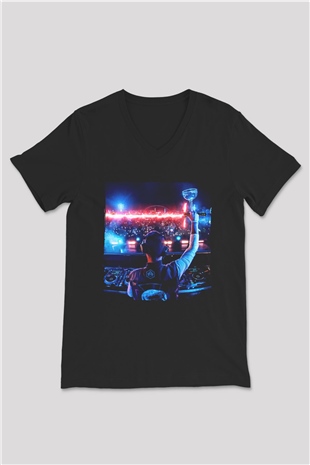 Kaskade Siyah Unisex V Yaka Tişört