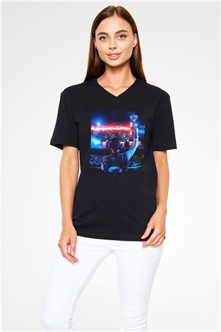 Kaskade Siyah Unisex V Yaka Tişört