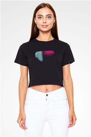 Katar - Qatar Bayrağı Baskılı Kadın Crop Top Siyah Tişört