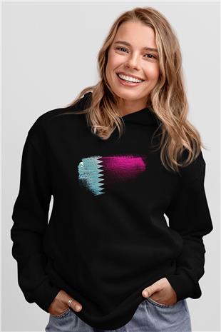 Katar - Qatar Bayrağı Baskılı Unisex Siyah Kapüşonlu Sweatshirt