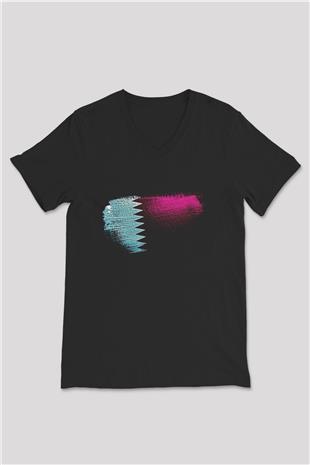 Katar - Qatar Bayrağı Baskılı Unisex Siyah V Yaka Tişört