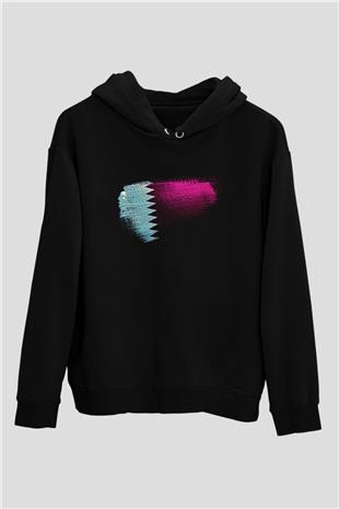Katar - Qatar Bayrağı Baskılı Unisex Siyah Kapüşonlu Sweatshirt
