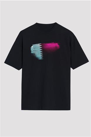 Katar - Qatar Bayrağı Baskılı Unisex Siyah Oversize Tişört