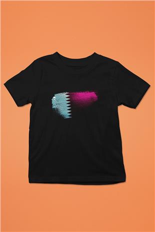 Katar - Qatar Bayrağı Baskılı Unisex Siyah Çocuk Tişörtü