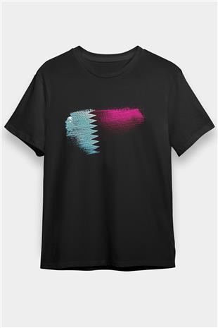Katar - Qatar Bayrağı Baskılı Unisex Siyah Tişört