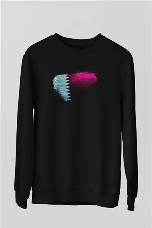 Katar - Qatar Bayrağı Baskılı Unisex Siyah Sweatshirt