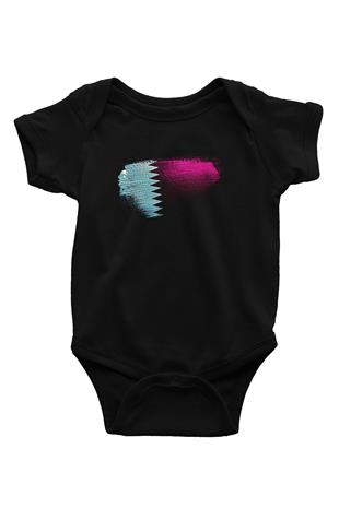 Katar - Qatar Bayrağı Baskılı Unisex Siyah Bebek Body - Zıbın