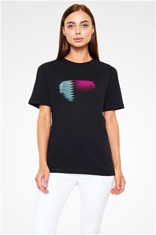Katar - Qatar Bayrağı Baskılı Unisex Siyah Tişört