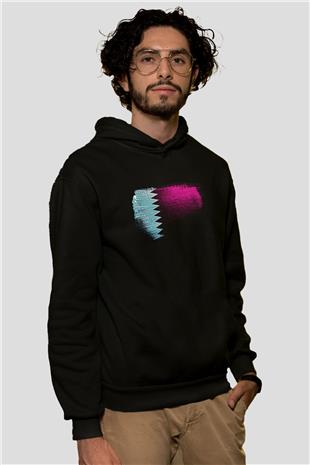 Katar - Qatar Bayrağı Baskılı Unisex Siyah Kapüşonlu Sweatshirt