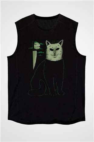 Katil Kedi Baskılı Unisex Siyah  Kolsuz Tişört