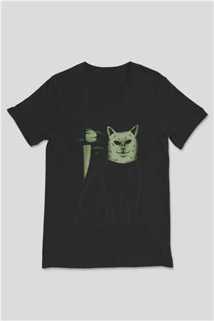Katil Kedi Baskılı Unisex Siyah  V Yaka Tişört