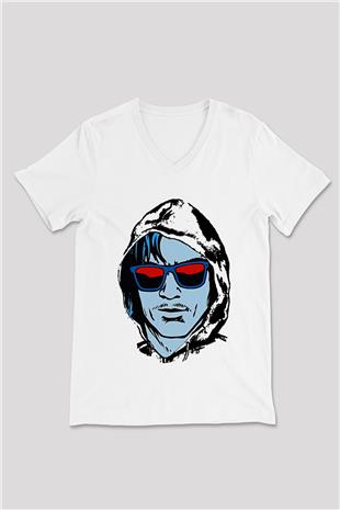 Kavinsky Baskılı Beyaz Unisex V Yaka Tişört - Tshirt