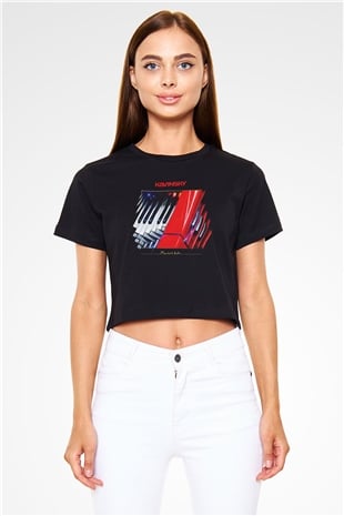 Kavinsky Baskılı Siyah Crop Top Kadın Tişört - Tshirt