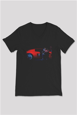 Kavinsky Baskılı Unisex Siyah V Yaka Tişört - Tshirt