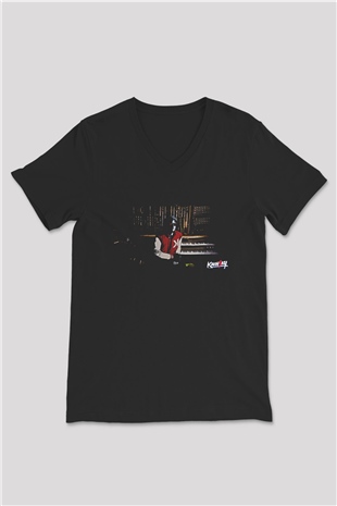 Kavinsky Baskılı Unisex Siyah V Yaka Tişört - Tshirt
