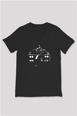 Kavinsky Baskılı Unisex Siyah V Yaka Tişört - Tshirt
