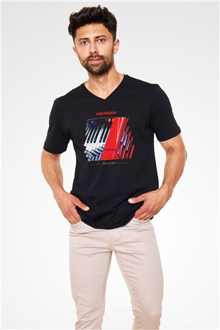 Kavinsky Baskılı Unisex Siyah V Yaka Tişört - Tshirt