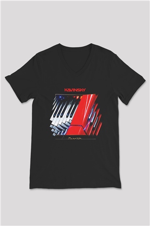 Kavinsky Baskılı Unisex Siyah V Yaka Tişört - Tshirt