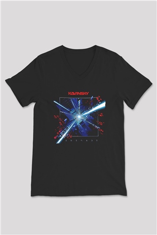 Kavinsky Baskılı Unisex Siyah V Yaka Tişört - Tshirt