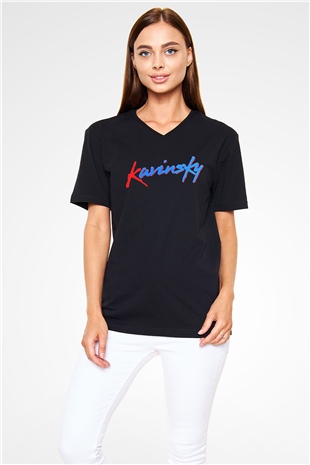 Kavinsky Baskılı Unisex Siyah V Yaka Tişört - Tshirt
