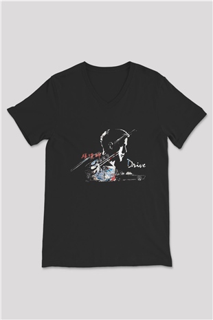 Kavinsky Baskılı Unisex Siyah V Yaka Tişört - Tshirt
