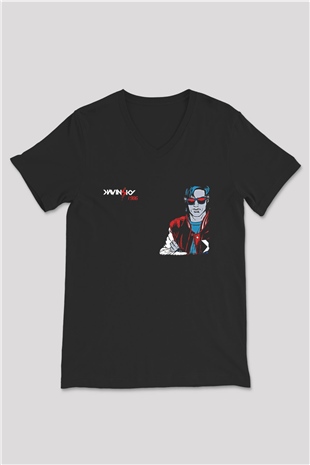 Kavinsky Baskılı Unisex Siyah V Yaka Tişört - Tshirt
