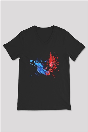 Kavinsky Baskılı Unisex Siyah V Yaka Tişört - Tshirt