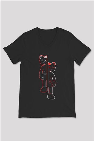Kaws Baskılı Unisex Siyah  V Yaka Tişört