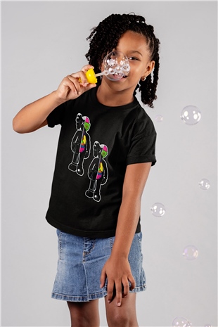 Kaws Temalı Baskılı Unisex Siyah  Çocuk Tişört