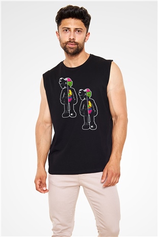 Kaws Temalı Baskılı Unisex Siyah  Kolsuz Tişört
