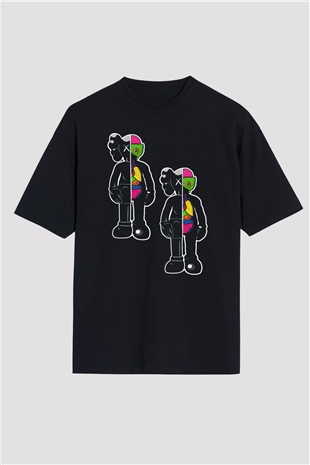 Kaws Temalı Baskılı Oversize Siyah Tişört