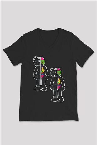 Kaws Temalı Baskılı Unisex Siyah  V Yaka Tişört
