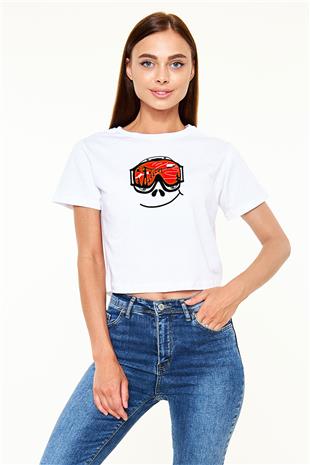 Kayak Baskılı Crop Top Beyaz Tişört - T-shirt