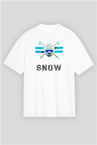 Kayak Baskılı Unisex Beyaz Oversize Tişört - Tshirt
