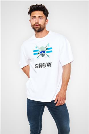 Kayak Baskılı Unisex Beyaz Oversize Tişört - Tshirt