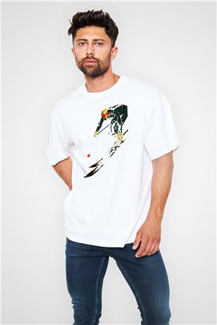 Kayak Baskılı Unisex Beyaz Oversize Tişört - Tshirt
