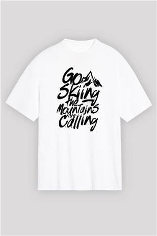 Kayak Baskılı Unisex Beyaz Oversize Tişört - Tshirt