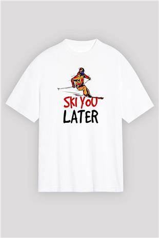 Kayak Baskılı Unisex Beyaz Oversize Tişört - Tshirt
