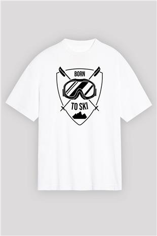 Kayak Baskılı Unisex Beyaz Oversize Tişört - Tshirt