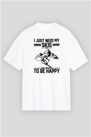 Kayak Baskılı Unisex Beyaz Oversize Tişört - Tshirt