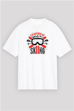 Kayak Baskılı Unisex Beyaz Oversize Tişört - Tshirt